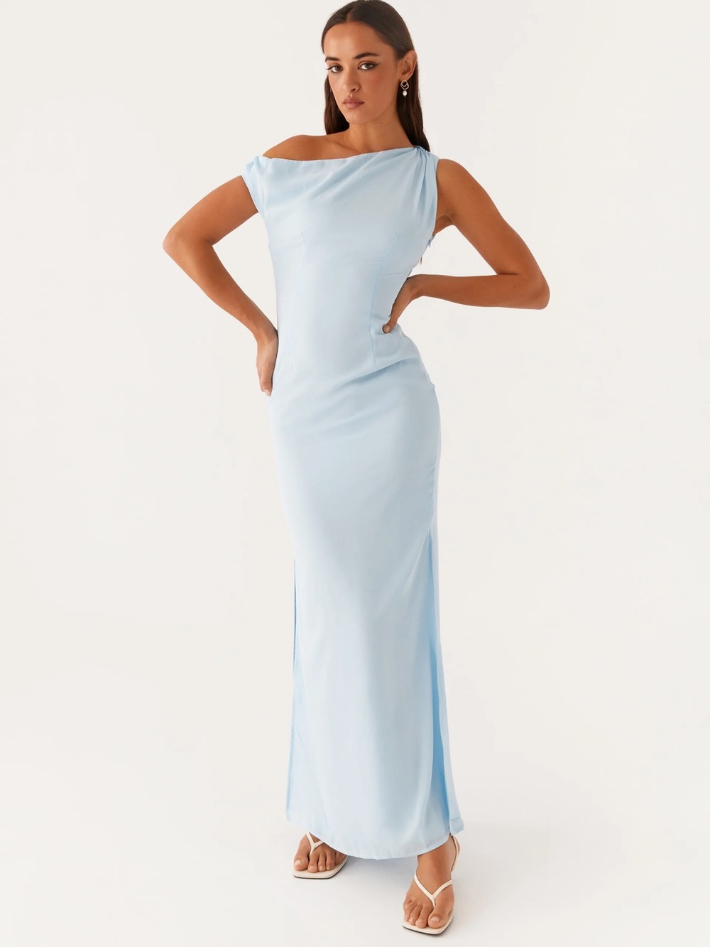 Peppermayo Dinner Date Pale Blue One-Shoulder Maxi Dress Size 4 BNWT